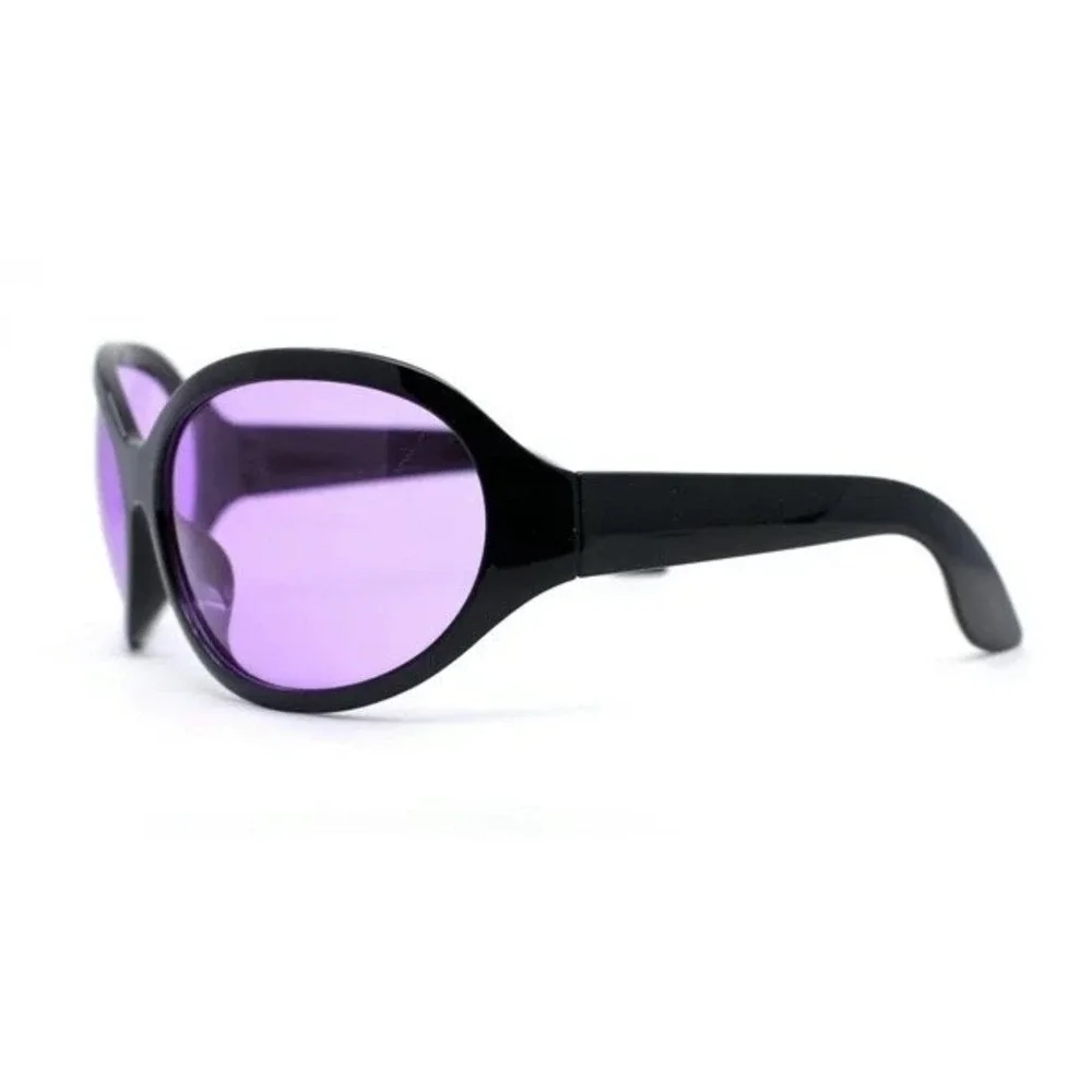 Mens Oversized Bug Eye Sunglasses Black Frame Purple Tinted Lens Cyber Y2K Wrap